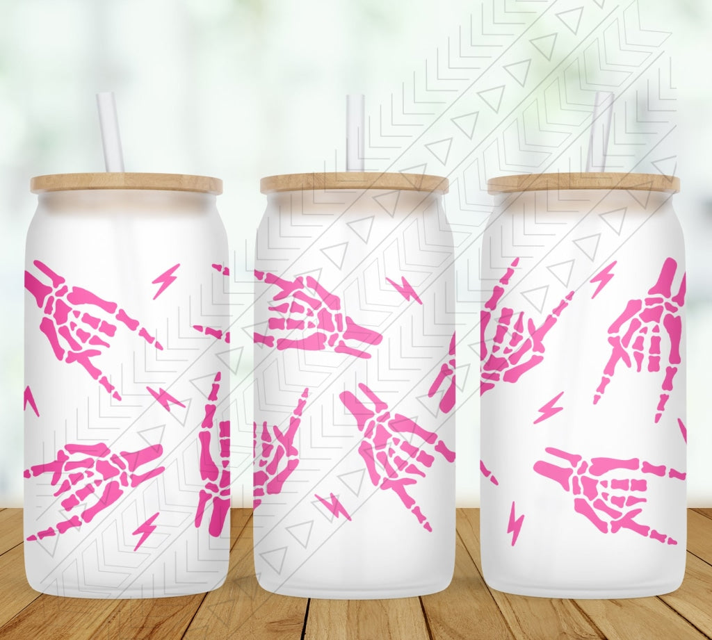 Pink Rocker Skeleton Hands Glass Can