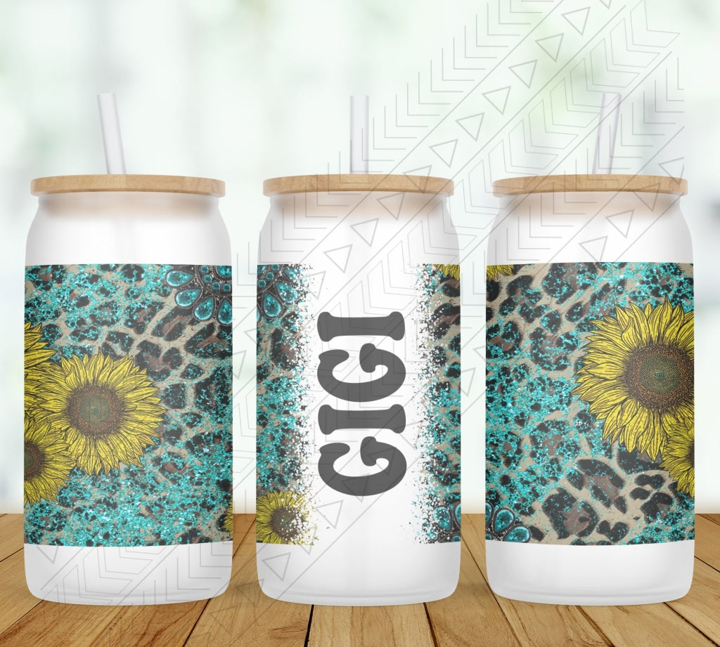 Turquoise Sunflower Personalized Glass Can